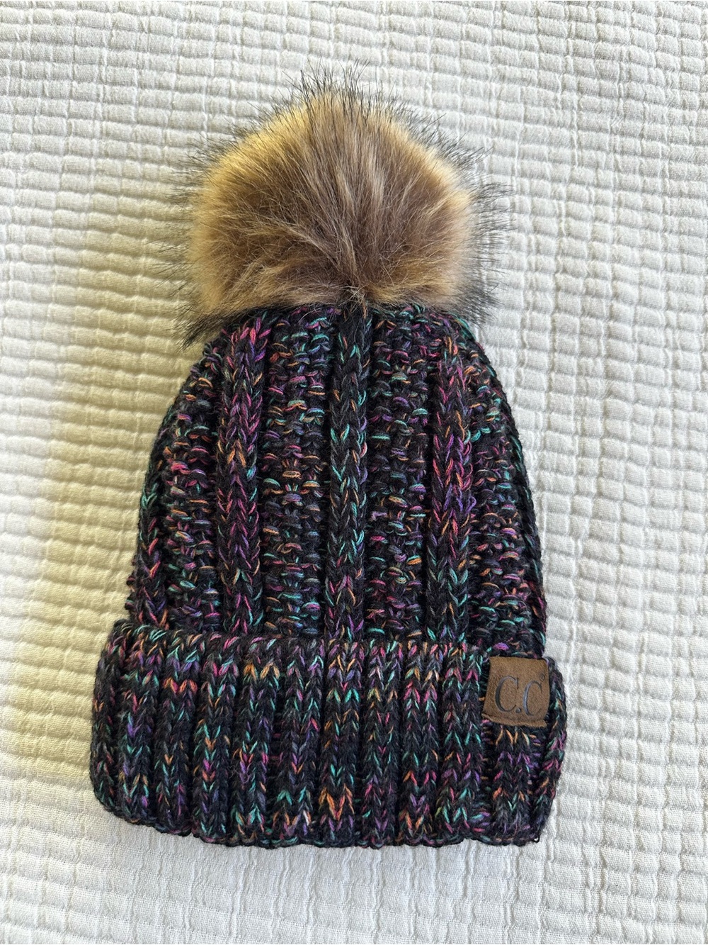 CC Fleece-Lined Warm Cozy Black Multicolor Cable Knit Pom Beanie